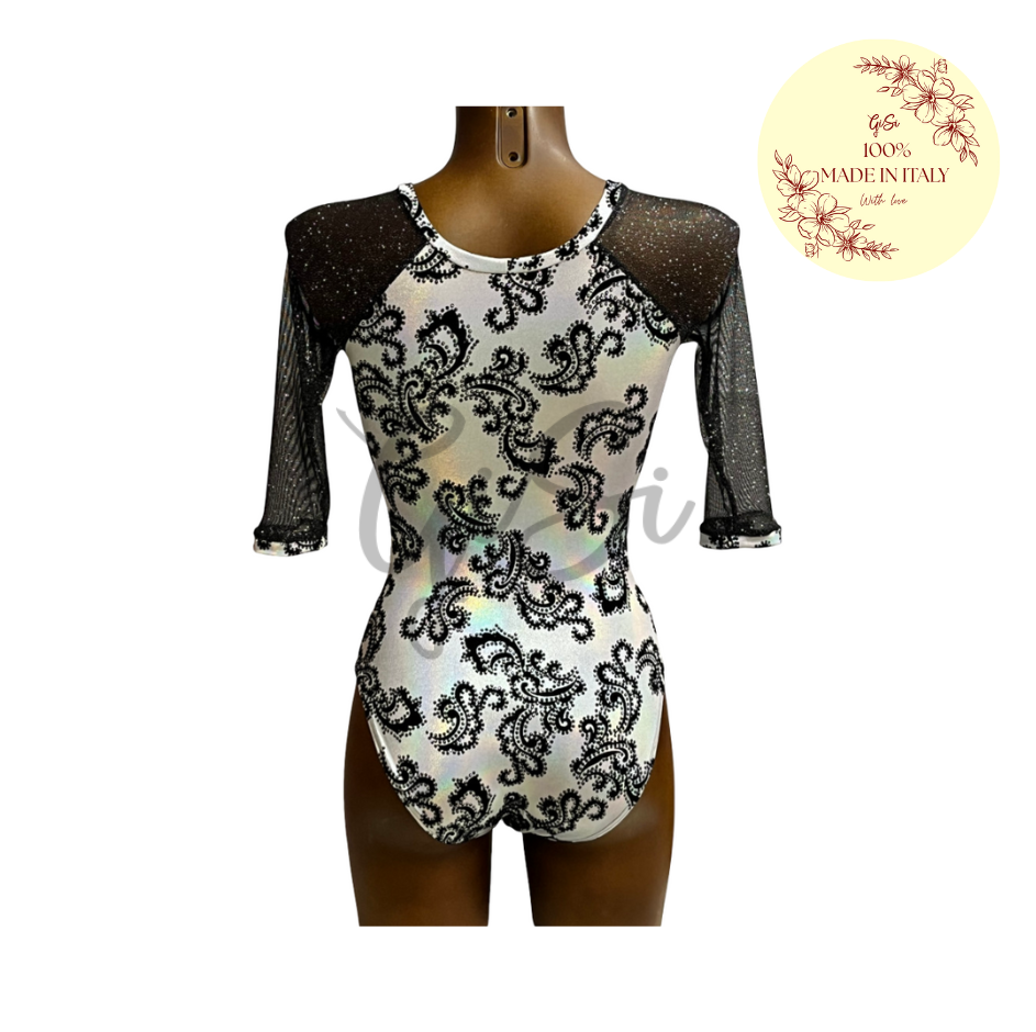 ARABESQUE - Body in Licra fantasia con inserti manica a 3/4 in Rete 100% Made In Italy
